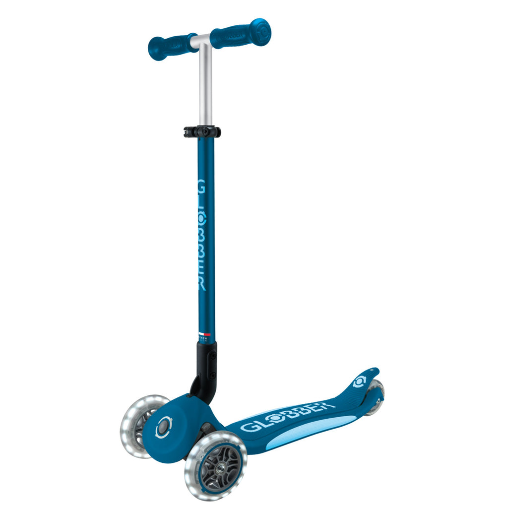 Globber Primo Foldable Plus Lights 3 Wheel Scooter - Petrol Blue