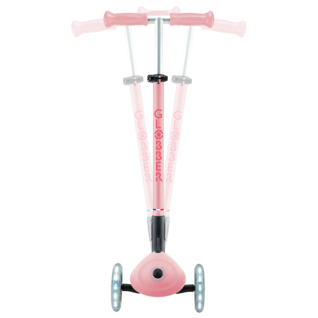 Globber Primo Foldable Plus Lights 3 Wheel Scooter - Pastel Pink Lean to turn