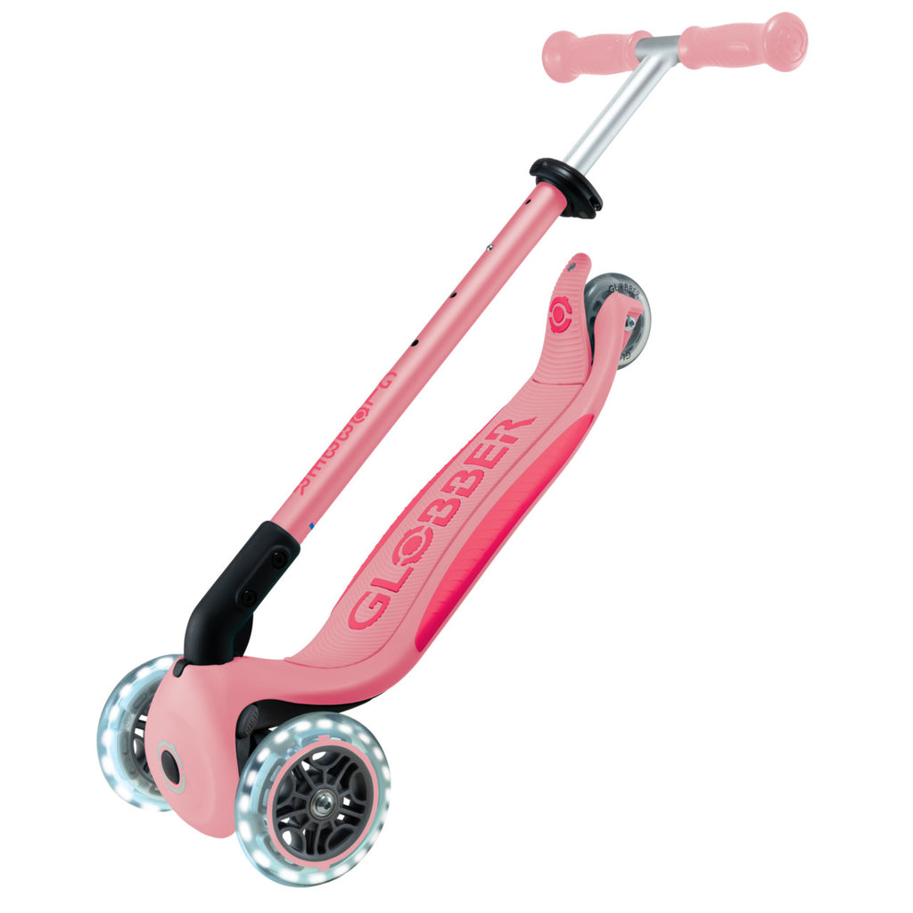 Globber Primo Foldable Plus Lights 3 Wheel Scooter - Pastel Pink Folded