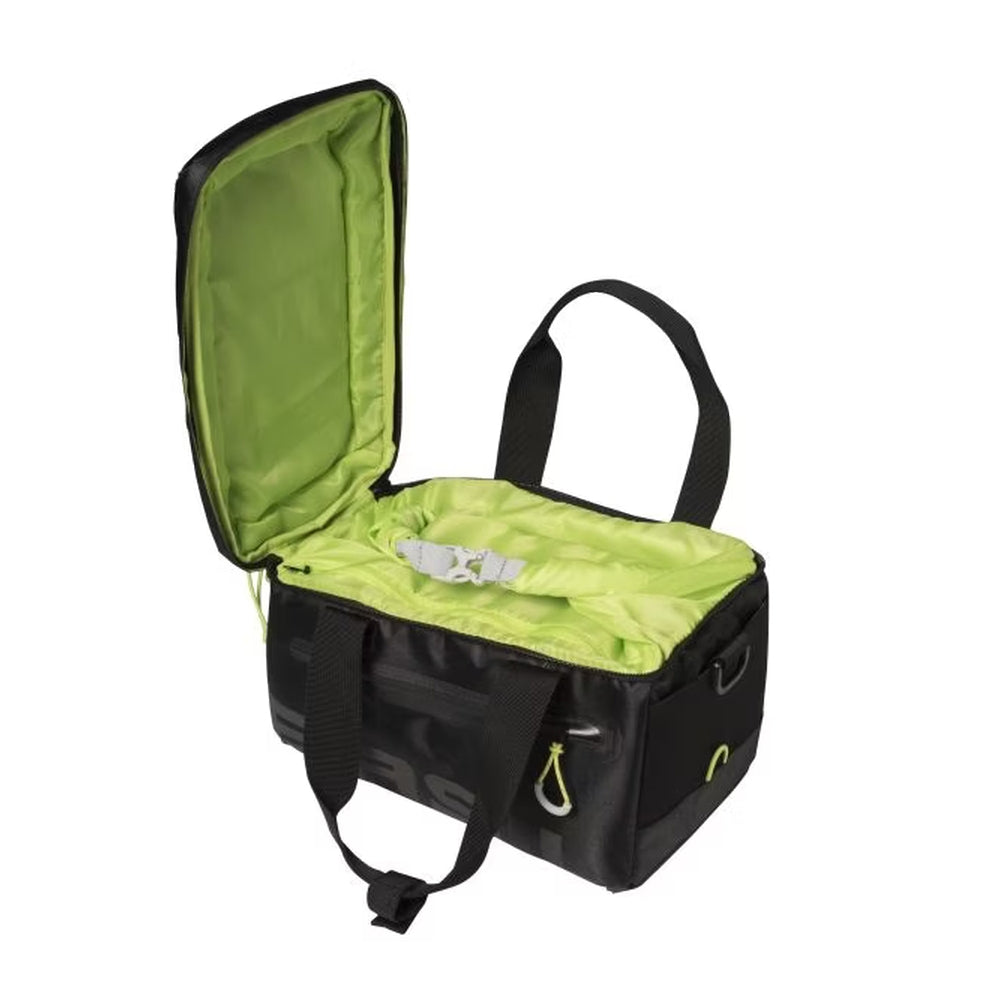 Basil Miles MIK 7L Trunk Bag - Black / Lime open with dry pack seal closed