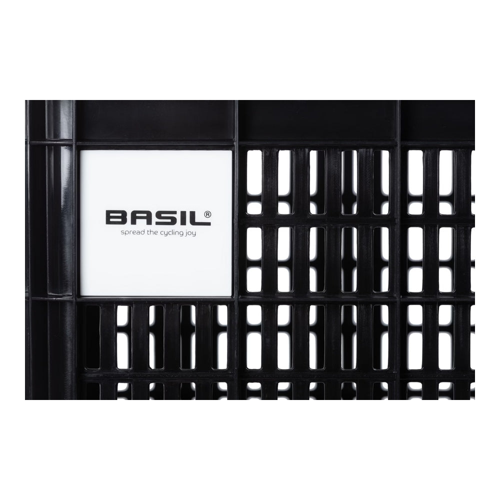 Basil Bicycle Crate MIK Small (17.5L) Black logo up close