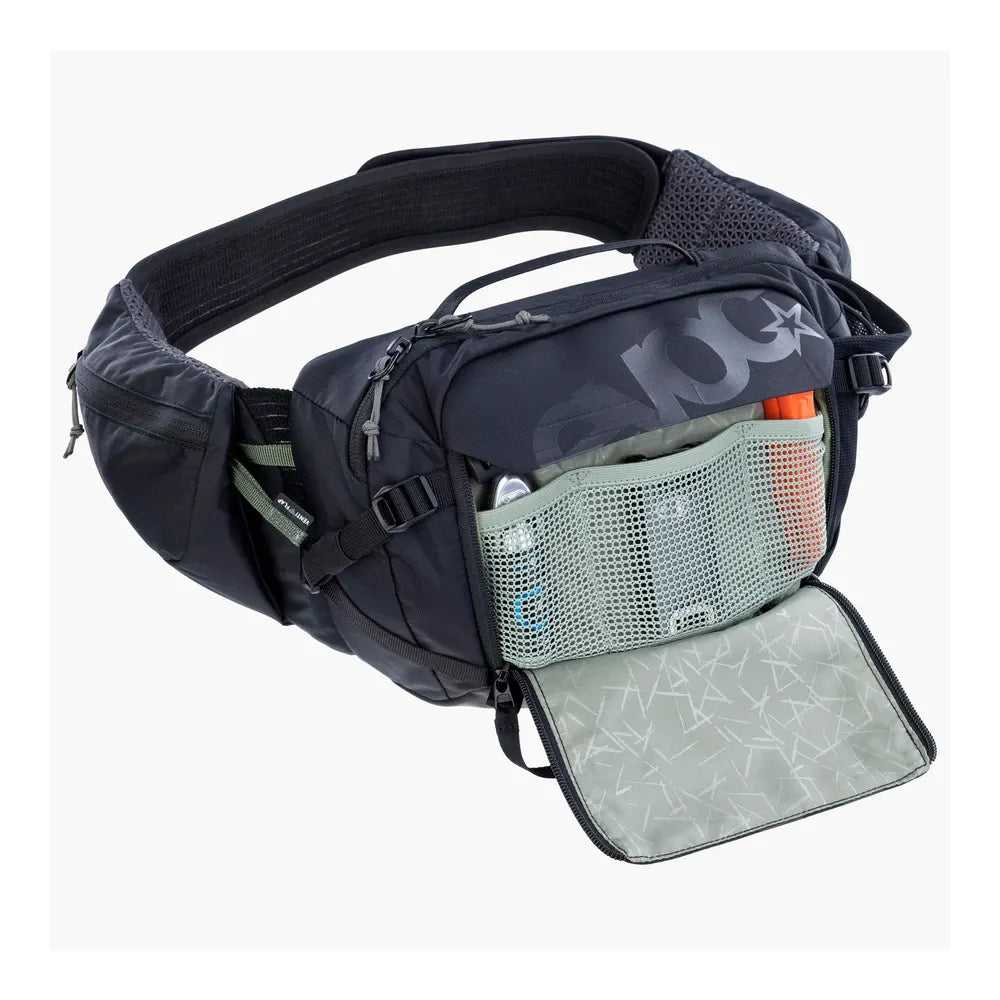 EVOC Hip Pack Pro 3 + Hydration Bladder 1.5L flap pocket open
