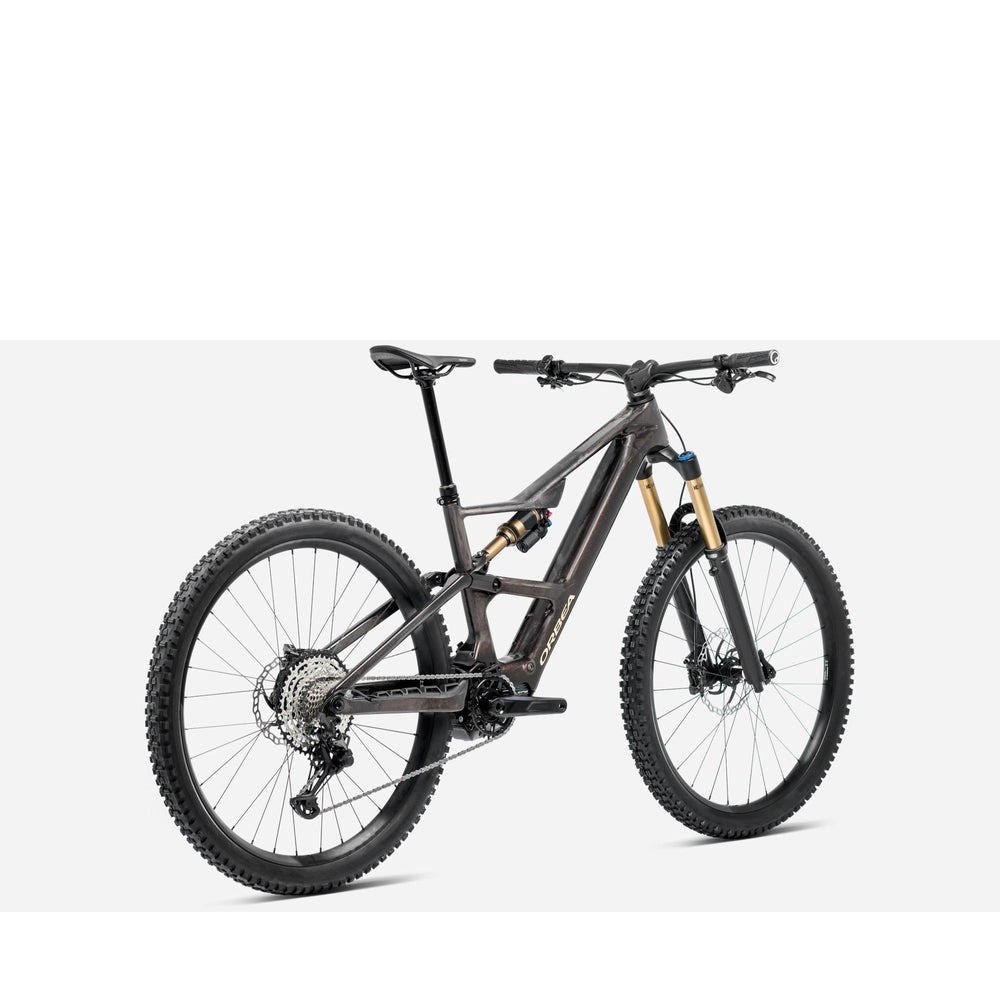 Orbea Rise LT M10 Electric Dual Suspension Mountain Bike - Cosmic Carbon View - Golden Sands rear angle