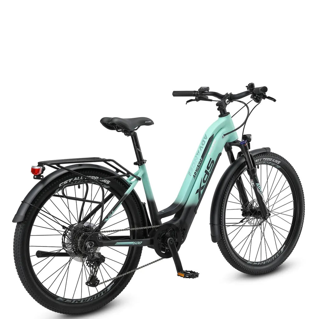 XDS Advance 600 Step Through Electric Mountain Bike - Black Green obqliue rear