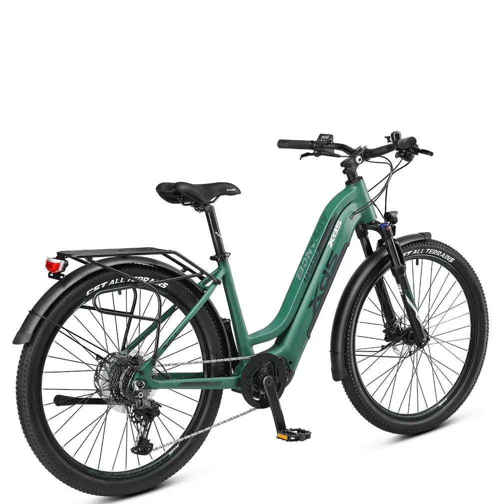 XDS Advance 600 Step Through Electric Mountain Bike - Forest Green oblique rear